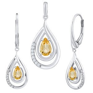 Luxusný strieborný súprava šperkov s pravým Citrínom a Brilliance Zirconia - náušnice a prívesok