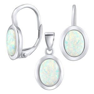 Luxusná strieborná súprava šperkov s bielym opálom - náušnice a prívesok