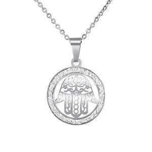 Oceľový náhrdelník s príveskom ruky Fátimy s krištáľom