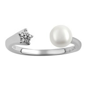 Otvorený strieborný prsteň Star s perlou a Brilliance Zirconia veľkosť obvod 56 mm