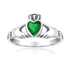 Strieborný prsteň Claddagh so zeleným zirkónom veľkosť obvod 55 mm