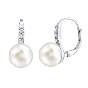 Strieborné náušnice s bielou perlou Swarovski® Crystals