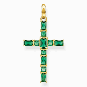 THOMAS SABO prívesok Cross with green stones gold PE939-472-6