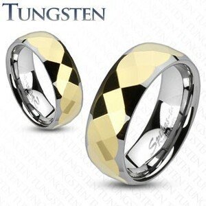 Volfrámový prsteň - dvojfarebný, geometricky brúsený stred zlatej farby - Veľkosť: 65 mm, Šírka: 8 mm