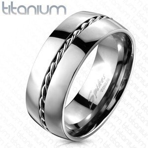 Titánový prsteň - obrúčka striebornej farby, točený drôtik uprostred - Veľkosť: 51 mm