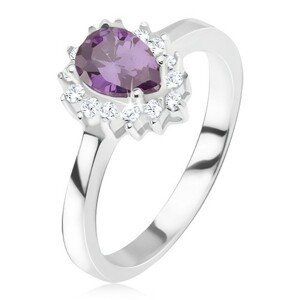 Strieborný prsteň 925 - fialový slzičkový kamienok, zirkónová obruba - Veľkosť: 52 mm