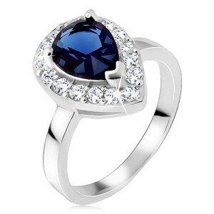 Strieborný prsteň 925, modrý slzičkový kameň so zirkónovým lemom - Veľkosť: 52 mm
