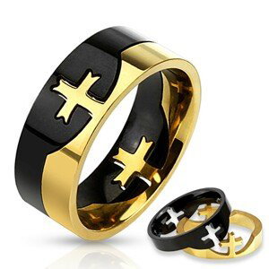 Dvojdielny prsteň čierno-zlatej farby z chirurgickej ocele, kríž - Veľkosť: 65 mm