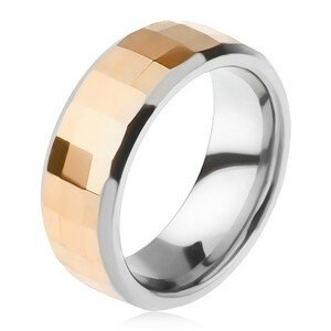 Volfrámový prsteň - dvojfarebný, geometricky brúsený pás zlatej farby - Veľkosť: 57 mm