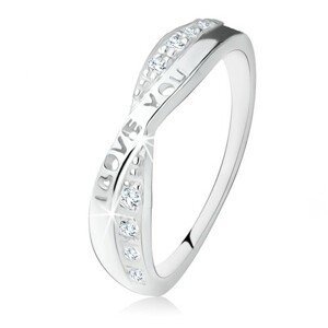 Strieborný prsteň 925, prekrížené ramená, zirkóny, nápis "I LOVE YOU" - Veľkosť: 61 mm