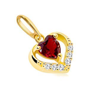 Zlatý prívesok 585 - zirkónový obrys srdca, červený srdiečkový granát
