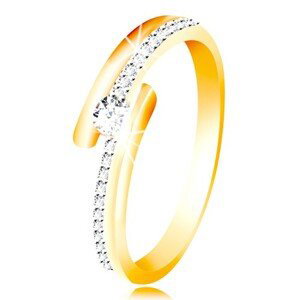 Zlatý prsteň 585 - rozdvojené ramená s kombináciou bieleho zlata, vystúpený okrúhly zirkón čírej farby - Veľkosť: 55 mm