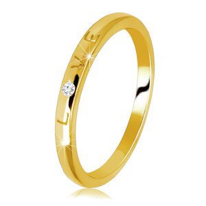 Obrúčka v žltom 585 zlate - prsteň s vygravírovaným nápisom "LOVE", okrúhly zirkón - Veľkosť: 49 mm