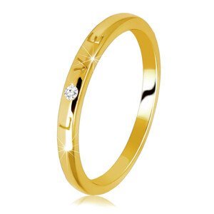 Obrúčka v žltom 585 zlate - prsteň s vygravírovaným nápisom "LOVE", okrúhly zirkón - Veľkosť: 58 mm