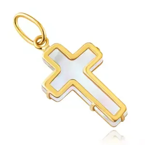 Prívesok zo žltého 14K zlata - latinský kríž s bielou perleťou