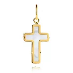 Prívesok zo žltého 9K zlata - latinský kríž s bielou perleťou