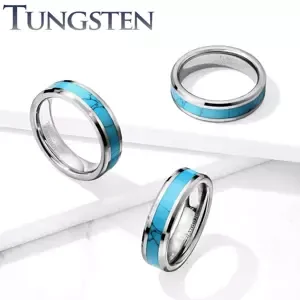 Wolfrámový prsteň, tyrkysový pás s mramorovým vzorom, skosené hrany, 6 mm - Veľkosť: 49 mm