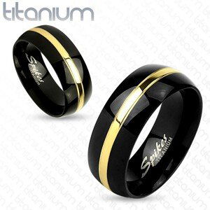 Dvojfarebný prsteň z titánu, čierny oblý povrch, pás zlatej farby, 6 mm - Veľkosť: 52 mm