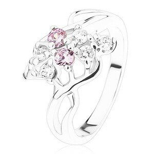 Ligotavý prsteň, strieborná farba, mašlička z ružových a čírych zirkónov - Veľkosť: 59 mm