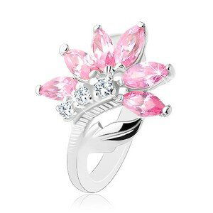 Trblietavý prsteň striebornej farby, ružovo-číry zirkónový kvet, lesklý list - Veľkosť: 57 mm