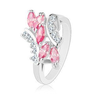 Lesklý prsteň striebornej farby, ružové zirkónové zrnká, číre zirkóniky - Veľkosť: 49 mm