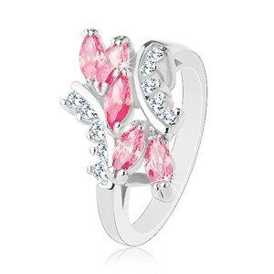 Lesklý prsteň striebornej farby, ružové zirkónové zrnká, číre zirkóniky - Veľkosť: 55 mm
