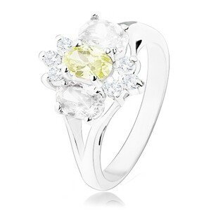 Ligotavý prsteň v striebornom odtieni, rozdelené ramená, žlto-číry kvet - Veľkosť: 58 mm