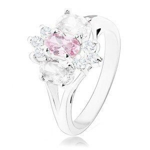 Ligotavý prsteň v striebornom odtieni, rozdelené ramená, ružovo-číry kvet - Veľkosť: 49 mm