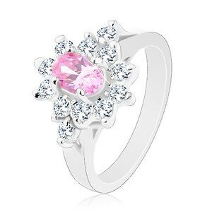 Prsteň v striebornej farbe, brúsený ovál v ružovom odtieni s čírym lemom - Veľkosť: 57 mm