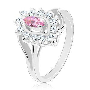 Lesklý prsteň v striebornej farbe, ružové zirkónové zrnko, okrúhle zirkóniky - Veľkosť: 51 mm