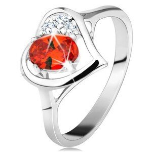 Prsteň v striebornej farbe, kontúra srdca s oranžovým oválom a čírymi zirkónmi - Veľkosť: 52 mm