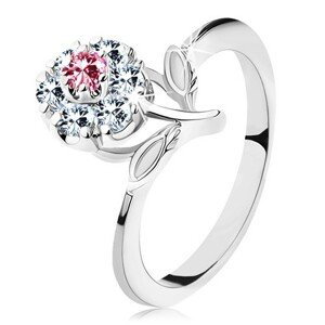 Lesklý prsteň s ružovo-čírym zirkónovým kvietkom, stonka s lístkami - Veľkosť: 53 mm