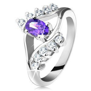 Lesklý prsteň v striebornom odtieni s fialovým oválnym zirkónom, číra línia - Veľkosť: 58 mm
