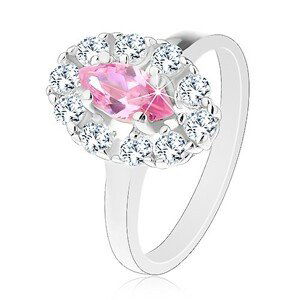 Ligotavý prsteň s ružovým brúseným zrnkom, oválny lem z čírych zirkónikov - Veľkosť: 53 mm