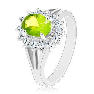 Ligotavý prsteň s rozdelenými ramenami, zirkónový ovál v zelenej farbe - Veľkosť: 55 mm