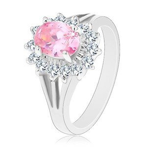 Prsteň so zirkónovým kvetom v ružovej a čírej farbe, rozdelené ramená - Veľkosť: 59 mm