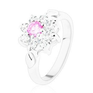Prsteň v striebornom odtieni, ružovo-číry zirkónový kvet, lístočky - Veľkosť: 50 mm