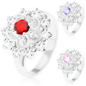 Trblietavý prsteň v striebornom odtieni, kontúra kvetu, okrúhle zirkóny - Veľkosť: 51 mm, Farba: Červená