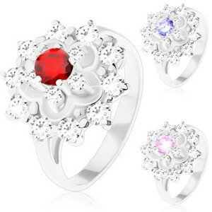 Trblietavý prsteň v striebornom odtieni, kontúra kvetu, okrúhle zirkóny - Veľkosť: 57 mm, Farba: Ružová