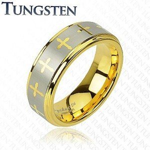 Tungstenový prsteň v zlatom odtieni, krížiky a pás striebornej farby, 8 mm - Veľkosť: 61 mm