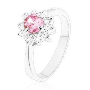 Lesklý prsteň so zirkónovým kvietkom v ružovej a čírej farbe, zúžené ramená - Veľkosť: 59 mm