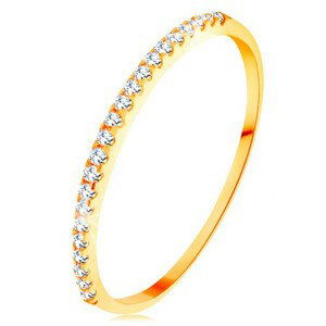 Zlatý prsteň 585 - tenké lesklé ramená, ligotavá zirkónová línia čírej farby - Veľkosť: 52 mm