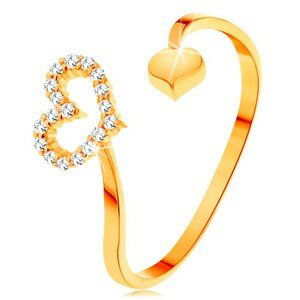 Zlatý prsteň 585 - zvlnené ramená ukončené obrysom srdca a plným srdiečkom - Veľkosť: 52 mm