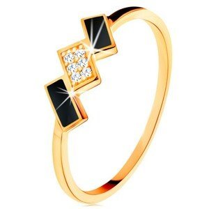 Zlatý prsteň 585 - šikmé obdĺžniky zdobené čiernou glazúrou a zirkónmi - Veľkosť: 59 mm