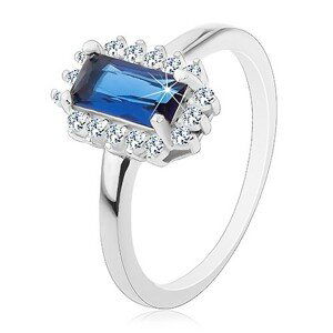 Ródiovaný prsteň, striebro 925, obdĺžnikový modrý zirkón, číry zirkónový lem - Veľkosť: 62 mm