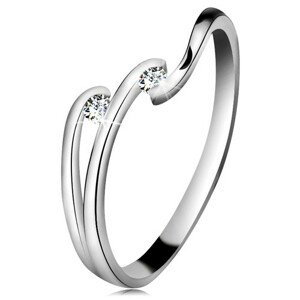 Diamantový prsteň z bieleho 14K zlata - dva ligotavé číre brilianty, lesklé línie ramien - Veľkosť: 58 mm