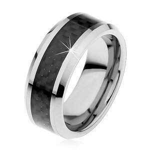 Tungstenová obrúčka striebornej farby, stredový pás z čiernych vlákien, 8 mm - Veľkosť: 49 mm