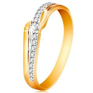 Ligotavý zlatý prsteň 585 - číry zirkón medzi koncami ramien, zirkónová vlnka - Veľkosť: 52 mm