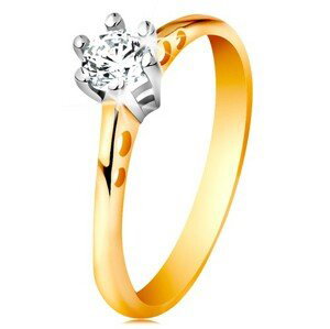 Zlatý 14K prsteň - okrúhle výrezy na ramenách, číry zirkón v kotlíku z bieleho zlata - Veľkosť: 54 mm