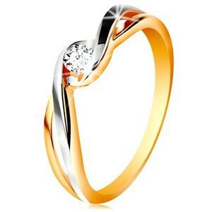 Zlatý prsteň 585 - dvojfarebné, rozdelené a zvlnené ramená, číry zirkón - Veľkosť: 55 mm